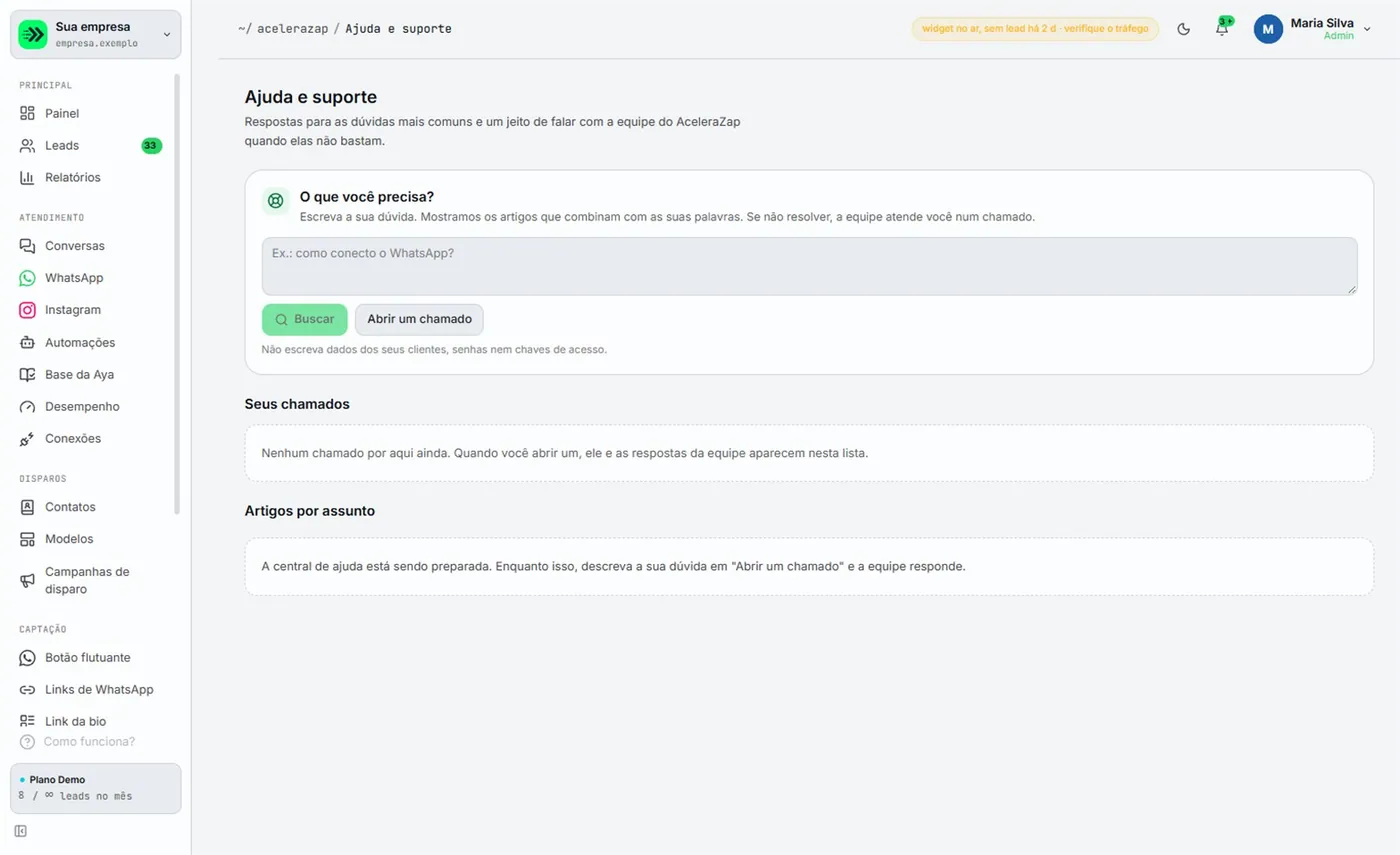 Menu lateral do painel, primeira parte, com os grupos Principal, Atendimento, Disparos e Captação, até Link da bio.