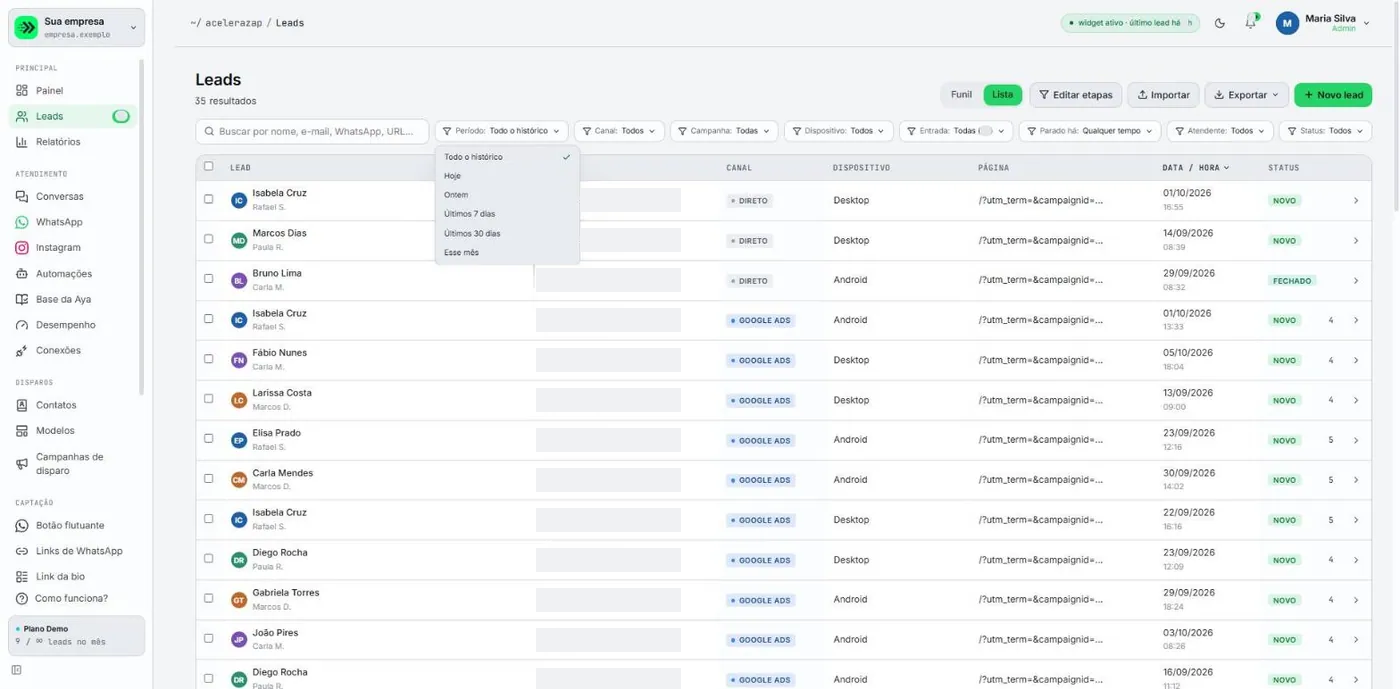 Leads em modo lista com o menu do filtro de período aberto, mostrando as opções de intervalo e a opção ativa marcada.