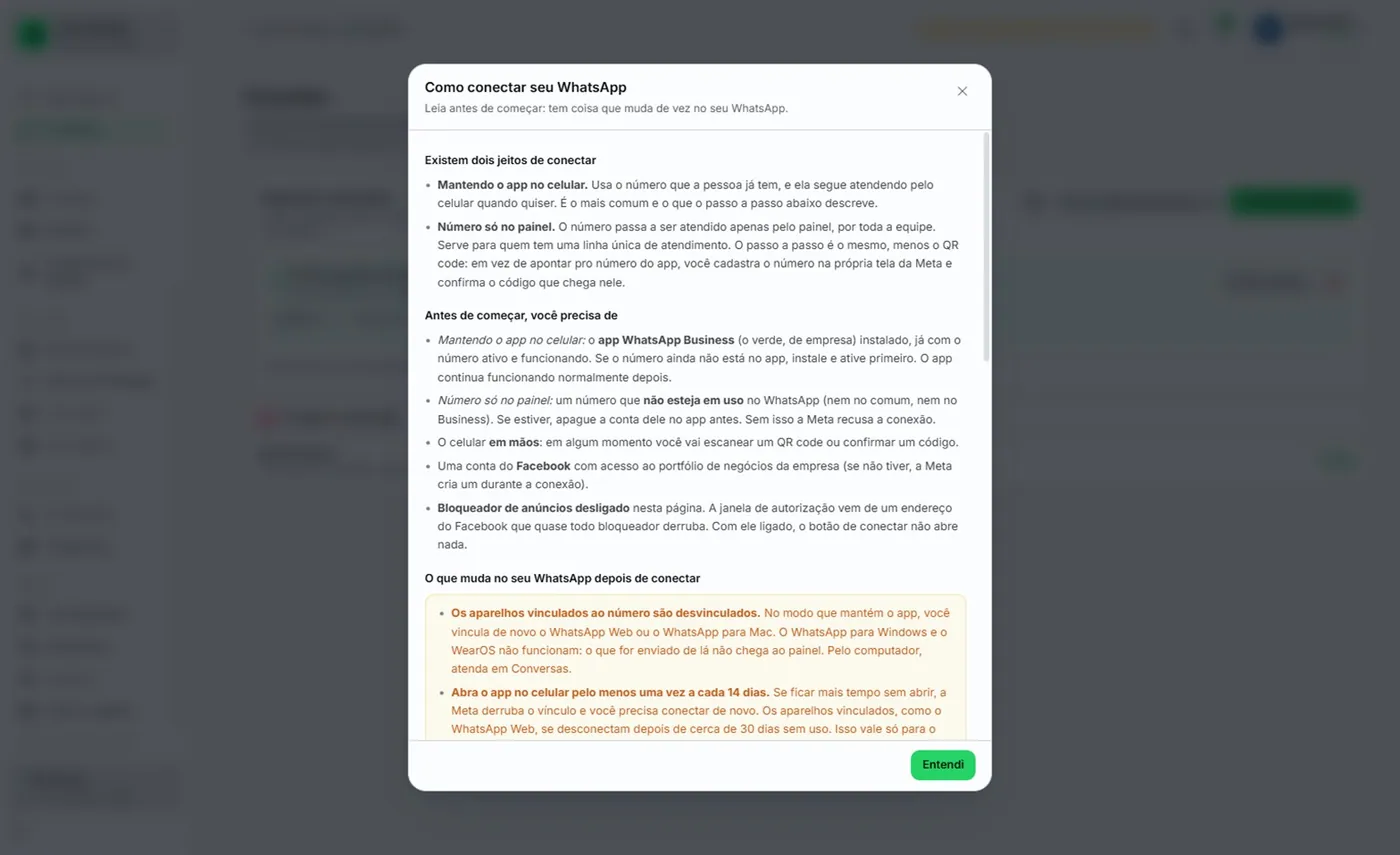 Janela de ajuda Como conectar seu WhatsApp, no início, com a explicação dos modos de conexão.