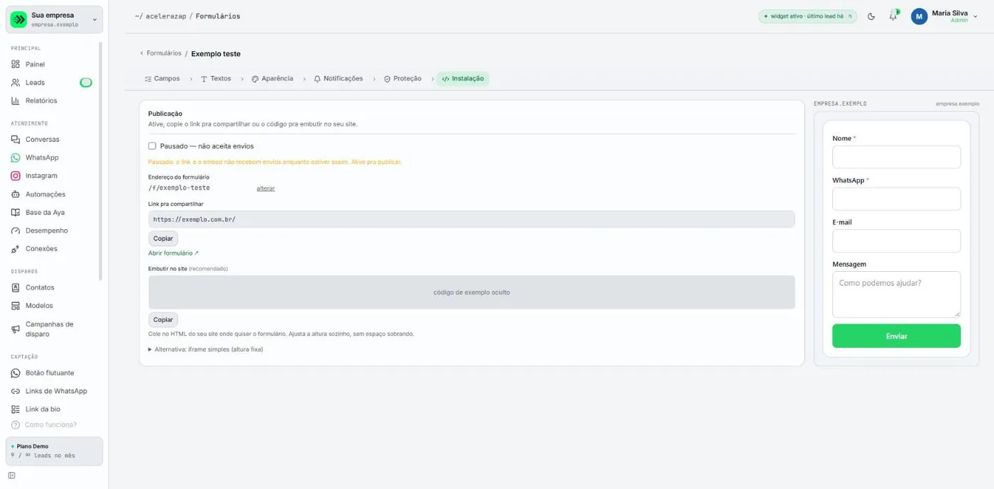 Editor de formulário na aba Instalação, com a caixa de pausa do formulário, o endereço, o link para compartilhar e o código para embutir.
