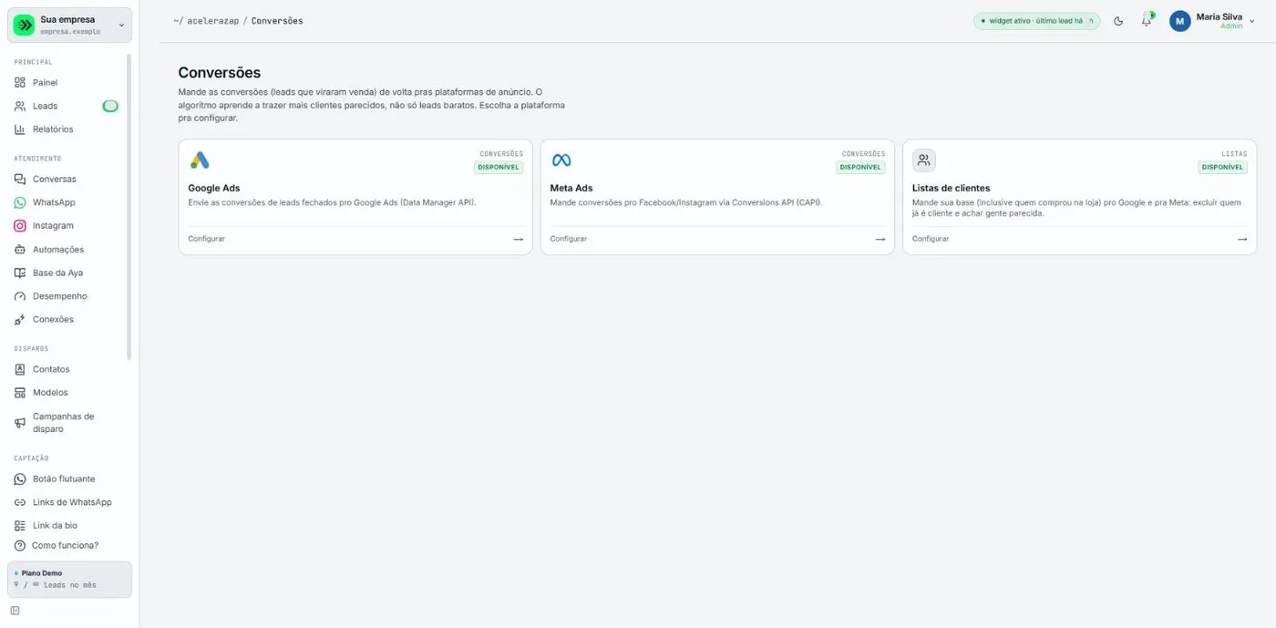 Tela Conversões com os cartões de Google Ads, Meta Ads e Listas de clientes, cada um com o selo Disponível e o link Configurar.