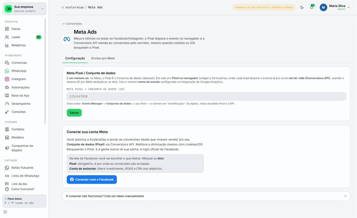 Conversões, Meta Ads, abas Configuração e Envios pro Meta, com o campo do ID do conjunto de dados, o botão Salvar, o cartão Conecte sua conta Meta com o botão de conectar e a linha recolhida do token manual.