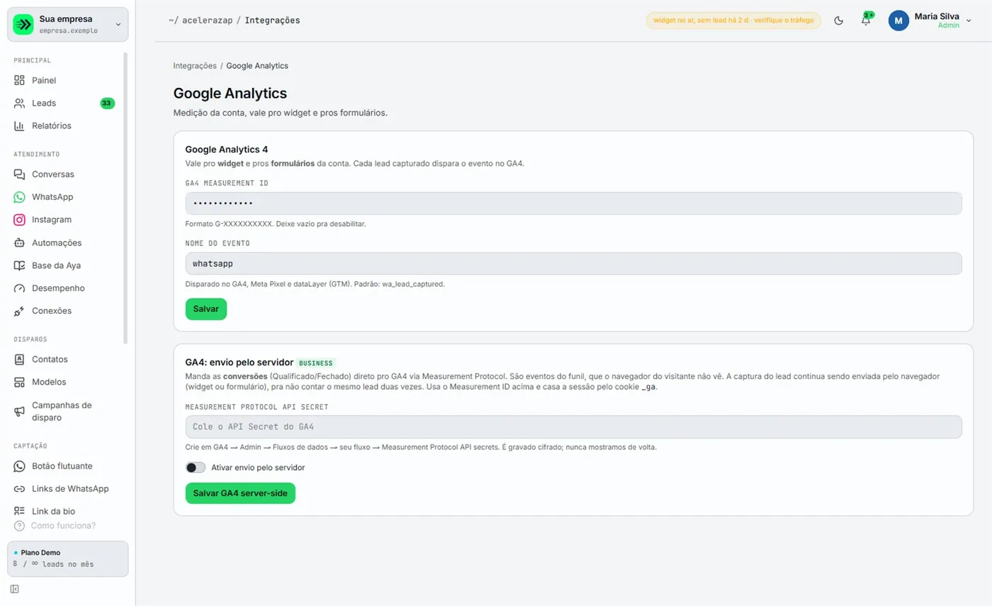 Integrações, Google Analytics, cartão de envio pelo servidor, com o campo de chave secreta e o interruptor.