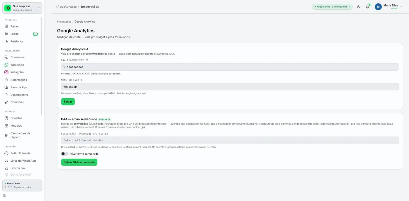 Integrações, Google Analytics, com os campos de identificador de medição e de nome do evento, o botão Salvar e, abaixo, o cartão de envio pelo servidor.