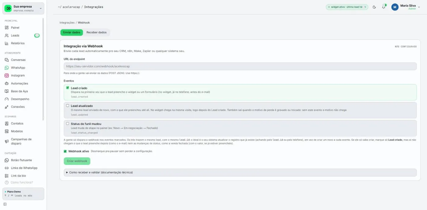 Integrações, Webhook, aba Enviar dados, com o selo de não configurado, o campo de endereço do endpoint, os eventos, a caixa Webhook ativo e o botão Criar webhook.