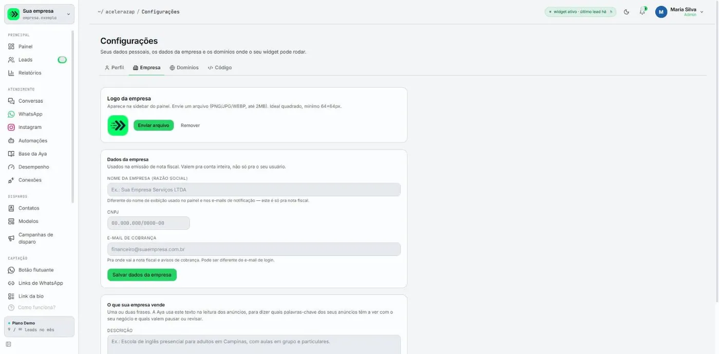 Configurações, aba Empresa, com o logo e os campos de dados cadastrais da empresa, ainda sem preenchimento.